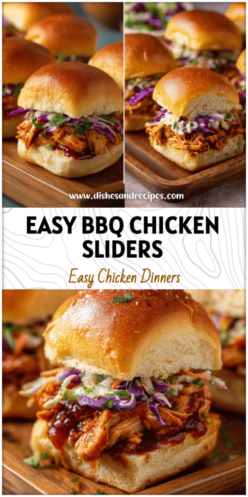 Golden BBQ chicken sliders made with Hawaiian rolls stacked on a wooden tray with slider toppings.